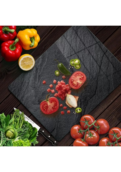 Cam Kesme Tahtası Ve Sunumluk Siyah Taş Desenli 30x40 Cm Çok Renkli