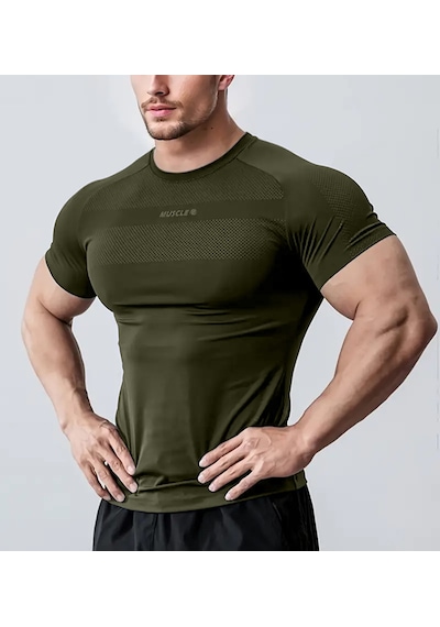 Ghassy Co. Erkek Nem Emici Hızlı Kuruyan Renk Solmayan Atletik Teknik Fitness Spor T-shirt Haki