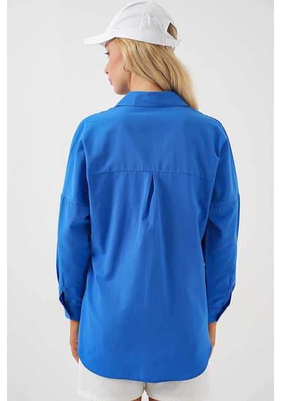 Bigdart Oversize Uzun Basic Mavi Kadın Gömlek 3900 Mavi
