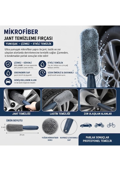 Buffer Mikrofiber Jant Temizleme Fırçası Yumuşak Çizmez Saplı Araba Motosiklet Lastik Yıkama Bakım Süngeri