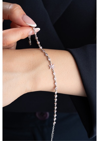 Çekirdekjewelry 925 Ayar Gümüş Pembe Taşlı Lotus Bileklik Gri