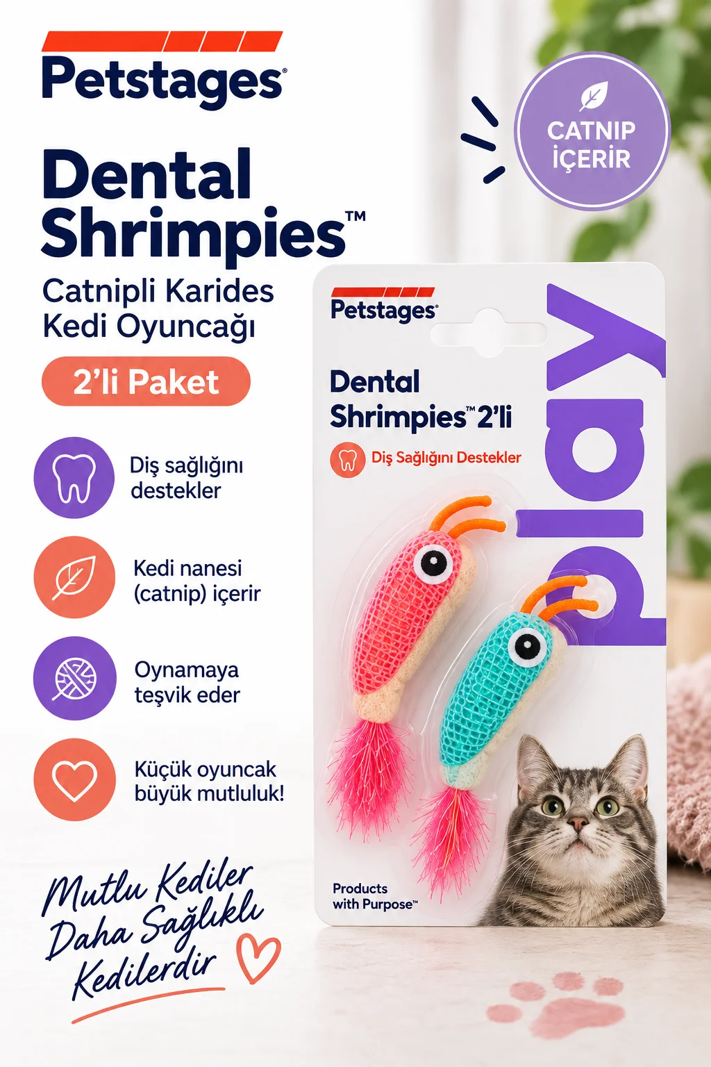 Petstages Dental Shrimpies Catnipli Kedi Oyuncağı 2'li Paket Peluş
