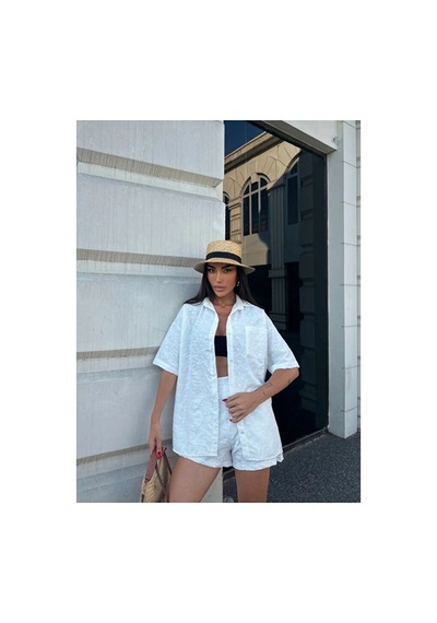 Nido Moda Kadın Oversize Fisto Gömlek Ve Beli Lastikli Şort İkili Takım Beyaz