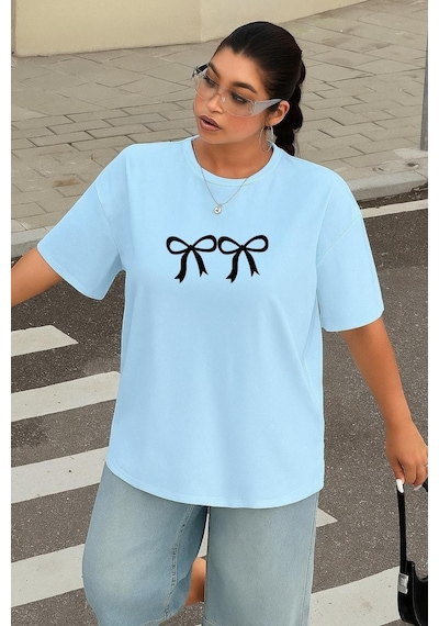 Benroma Büyük Beden 2 Li Kurdela Baskılı Unisex Tişört Bebe Mavisi