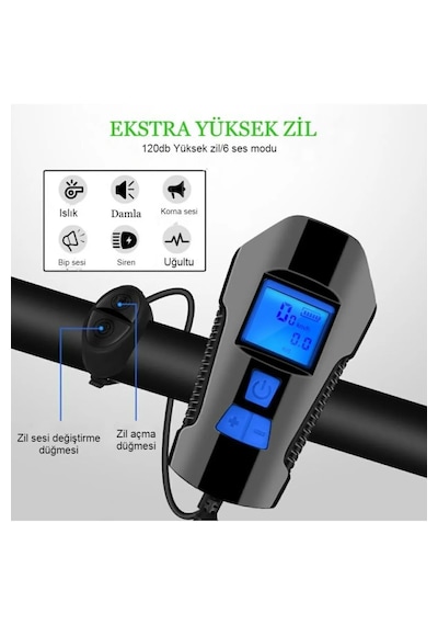 Techtic Lcd Hız Göstergeli Su Geçirmez 1500mah Kornalı Bisiklet Mavi - Siyah