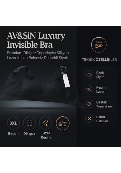 Av&sın Luxury Invisible Bra Premium Dikişsiz Toparlayıcı Sütyen Lazer Kesim Balensiz Destekli Siyah Beyaz