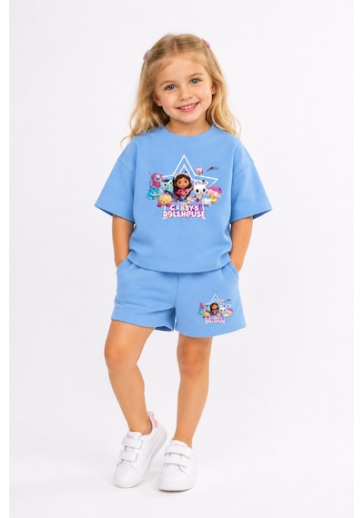 Fasardi Gabby's Dollhouse / Gabby'nin Hayal Evi Baskılı Oversize %100 Pamuk Tişört Şort 2li Çocuk Takım Mavi