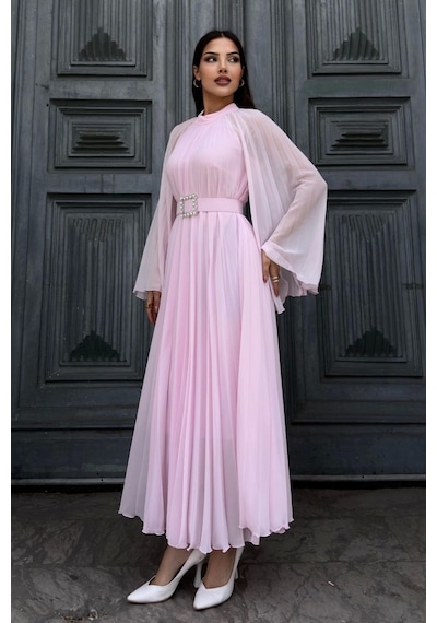 Lodmela Plise Detaylı Kemerli Rahat Form Abiye Elbise 2183-pembe Pembe