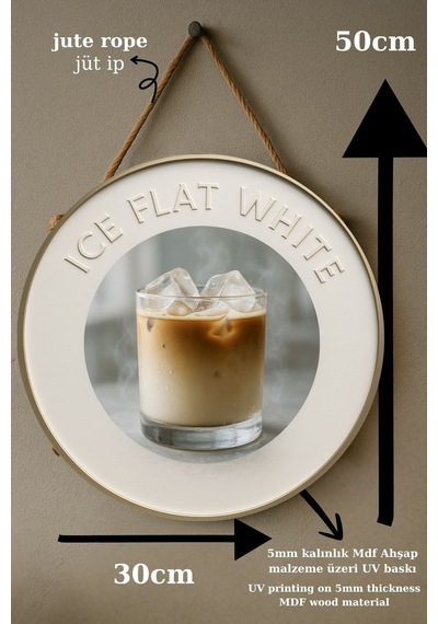 Ice Flat White Temalı Yuvarlak Cafe Tabelası, Jüt İpli Ahşap Duvar & Kapı Dekoru, Barista Süsü