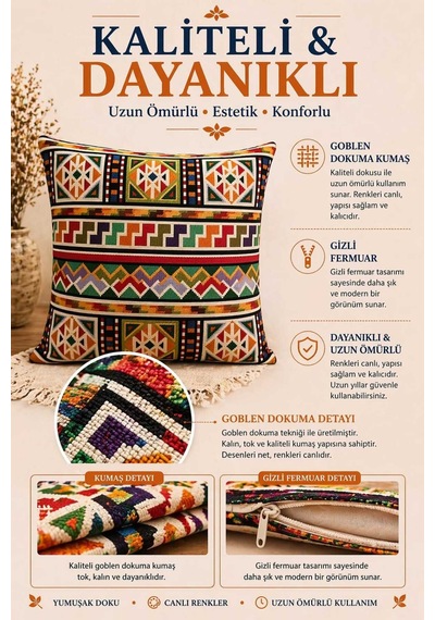 Goblen Kilim Model Kırlent Kılıf Renkli