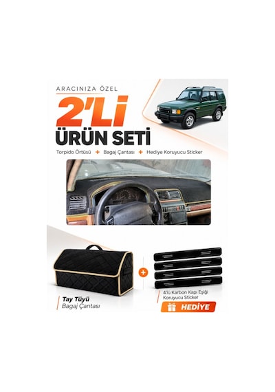 Land Rover Discovery 1 1989-2000 Uyumlu Torpido Örtüsü + Tay Tüyü Bagaj Çantası Seti - Siyah Bej