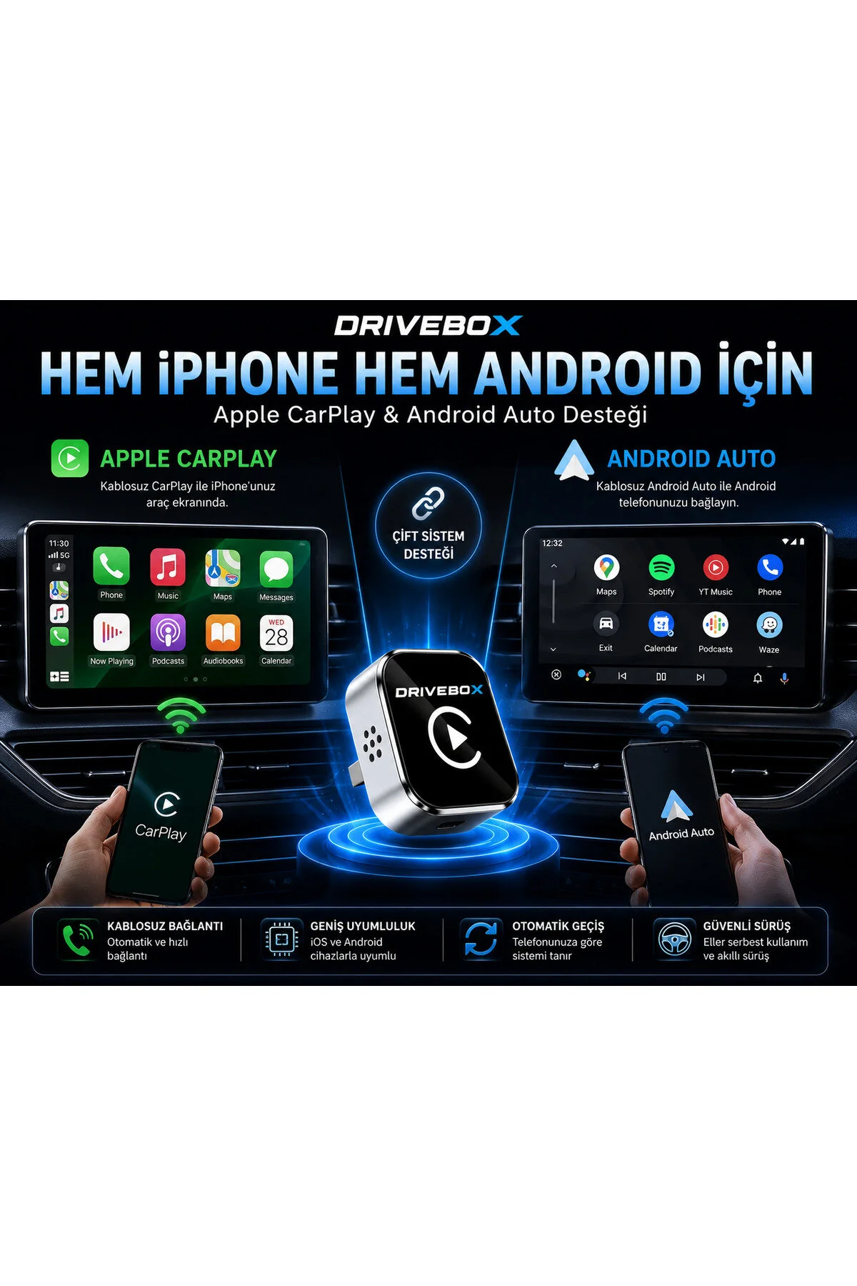 Kablosuz Carplay Android Auto Adaptörü Ekran Yansıtma Screen Mirroring Youtube Destekli Usb Tak Çalıştır Diğer