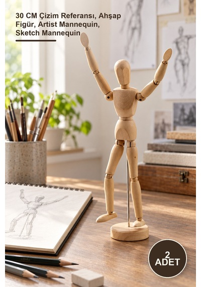 2 Adet Ahşap Eskiz Manken 30 Cm Çizim Referansı, Ahşap Figür, Artist Mannequin, Sketch Mannequin