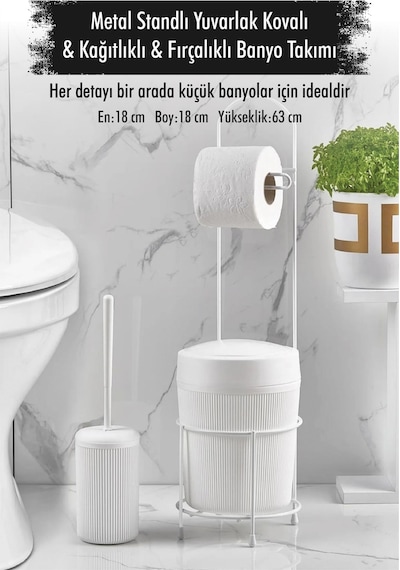 Metal Standlı Yuvarlak Kovalı & Kağıtlıklı & Fırçalıklı Beyaz Banyo Takımı Açık Altın