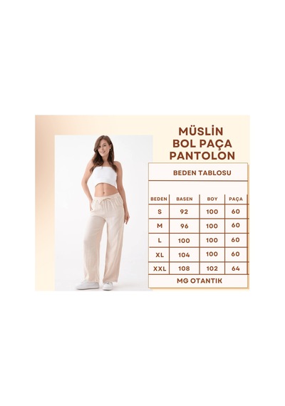 Mg Otantik Kadın %100 Pamuk Yazlık Müslin Salaş Bol Paça Pantolon Mg001 Bej
