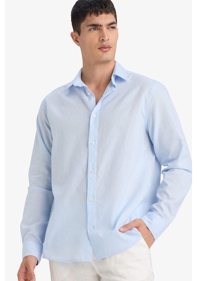 Defacto Regular Fit Polo Yaka Keten Karışımlı Yazlık Uzun Kollu Gömlek E0518ax25smbe656 Mavi