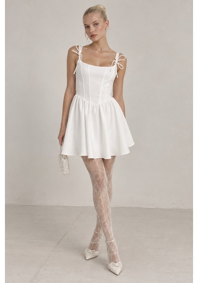 Quzu Korse Detaylı Bağlamalı Askılı Mini Elbise Beyaz Beyaz