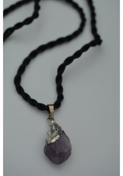 Stoneage Ametist Kırma Kolye Ucu Ipek Kordon Gri