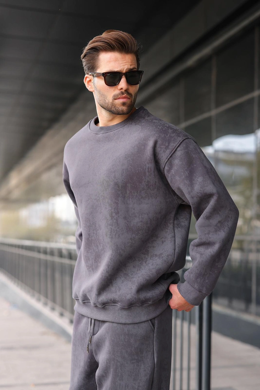 Madmext Füme Bisiklet Yaka Batik Desenli Erkek Sweatshirt Pantolon Takım E7344 Füme