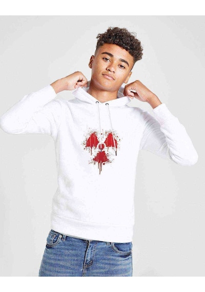 Tshirthane Nükleer Baskılı Unisex Çocuk Kapüşonlu Beyaz Sweatshirt Beyaz