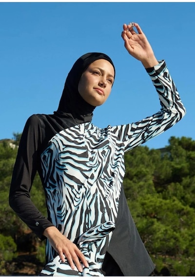 Mayovera Zebra Tek Mayo Üst Tasarım Tesettür Mayo Siyah
