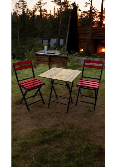 Balkon Bahçe Mutfak 3'lü Bistro Set Katlanır Masa Sandalye 60x60 Kırmızı
