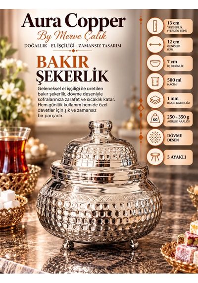 Aura Copper Kapaklı Bakır Şekerlik 3 Ayaklı El İşlemeli Lokumluk Gümüş Renk-dövme