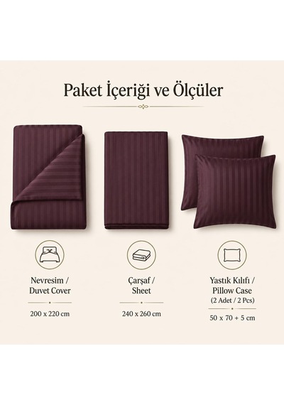 %100 Pamuk Saten Çizgili Bordo Nevresim Takımı Diğer