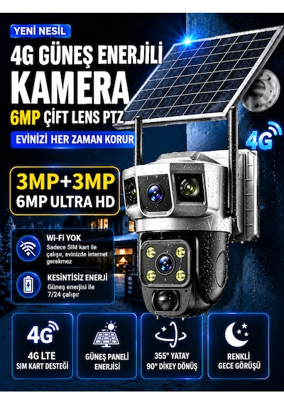 4g Sım Kartlı 6mp Solar Güvenlik Kamerası Çift Lens Ptz 360 Uzaktan İzleme Hareket Algılama Gece Görüşü Ip66 Dış Mekan Kamera