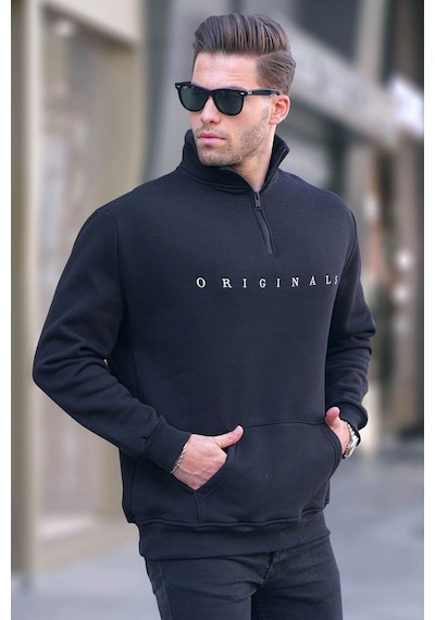 Madmext Siyah Fermuar Yaka Nakışlı Sweatshirt 6028 Siyah