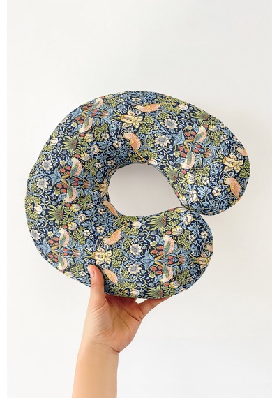 Kuş Ve Çiçek Desenli Ergonomik Boyun Yastığı - Vintage Lacivert Sarı Yumuşak Seyahat Yastığı Tozlu Toprak Deniz Mavisi