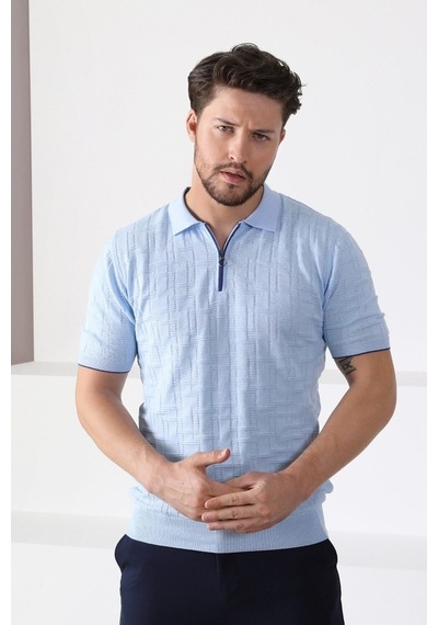 Ferraro Mavi Polo Yaka Fermuarlı Erkek Pamuk Triko T-Shirt-Mavi (417942224) Mavi