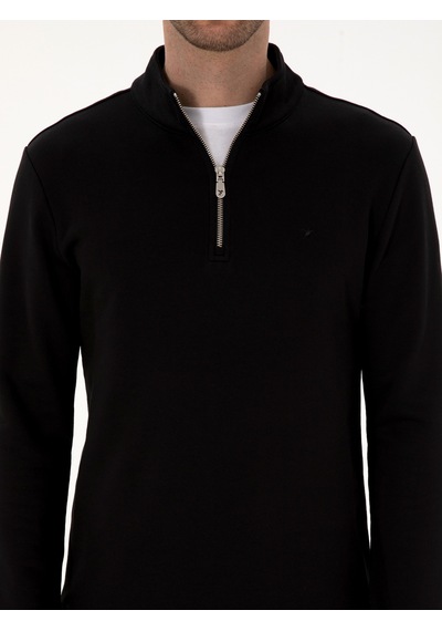 Siyah Regular Fit %100 Pamuk Yarım Fermuarlı Sweatshirt