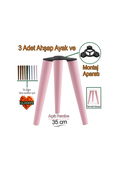 3 Adet Ahşap Ayak 35 Cm Açık Pembe M8 Civatalı Bağlantı Aparatlı Mobilya Tabure Sehpa Masa Destek Ayağı Pembe