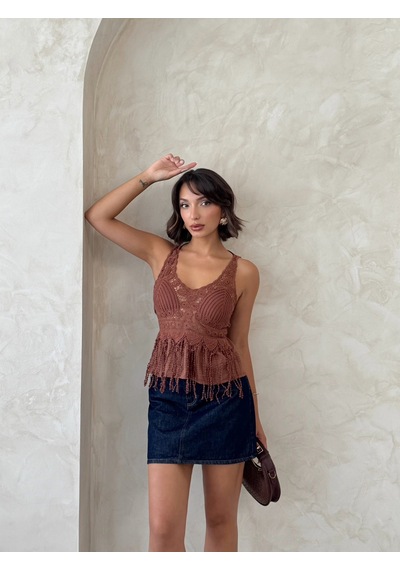 Verymoda Güpür Detaylı Askılı Bluz D2892 Kahve