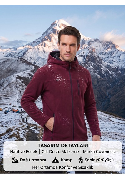 Luxıc Core Erkek Kapüşonlu Bordo Polar 3 Cepli Fermuarlı Sıcak Tutan Kışlık Outdoor Hoodie Günlük Stilpro