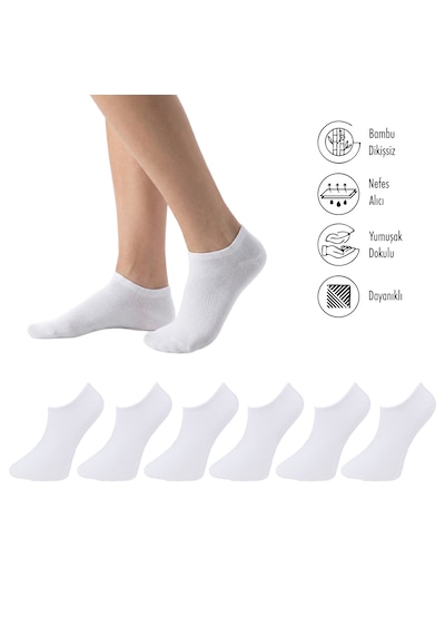 Lion Monroe Saf Bambu Erkek Sneaker Beyaz Çorap Dikişsiz Görünmez Bilekte Spor Çorap Premium 6'lı L5952aznb Softaura