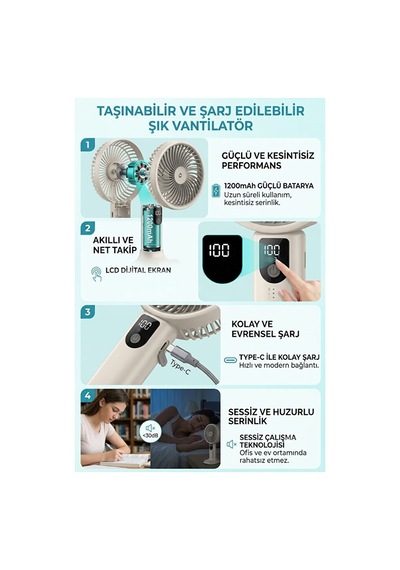 Şarjlı Standlı Güçlü El Fanı Masaüstü Mini Vantilatör 1200mah 5 Kademe Hız Ayarı Dijital Gös