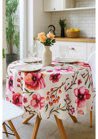 Yuvarlak Çiçek Desenli Duck Kumaş Masa Örtüsü 150x150 Cm Çok Renkli