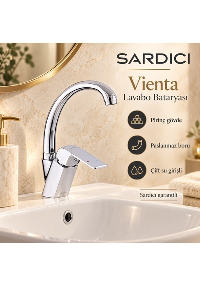 Sardıcı Vienta Lavabo Bataryası Pirinç Gövde Paslanmaz Boru Çift Su Girişli Krom