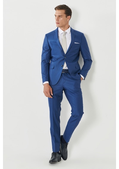 AC&Co / Altınyıldız Classics Eksta Slim Fit Dar Kesim Mono Yaka Kareli Mavi Takım Elbise Mavi-48-6N Mavi