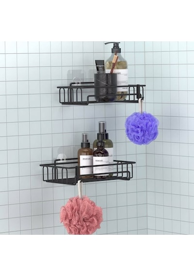 Banyo Düzenleyici Yapışkanlı Metal Banyo Ve Dolap Rafı İkili Duş Rafı Organizer Şampuanlık Mat Siyah-gnrl242 Siyah