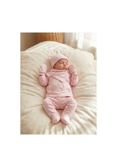 Bambık Gaye Bebe Ayı Figürlü %100 Pamuk 5'li Bebek Takımı Patikli Alt, Üst, Önlük, Eldiven, Bere Pembe Pembe