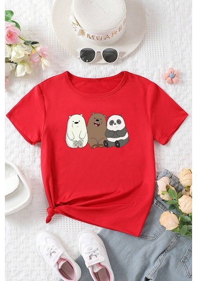 Uyguntarz Çocuk Kafadar Ayılar Baskılı Pamuklu Tshirt Kırmızı