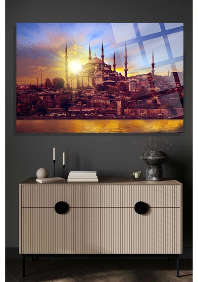 İstanbul Gün Batımı Cami Manzarası 4mm Kırılmaz Temperli Yüksek Çözünürlüklü Cam Tablo