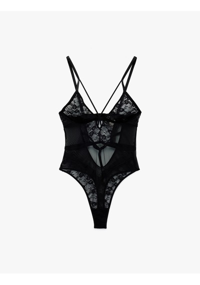 Koton Derin V Yaka İnce Askılı Transparan Dantelli Bodysuit Siyah 6wlk00004mk Siyah