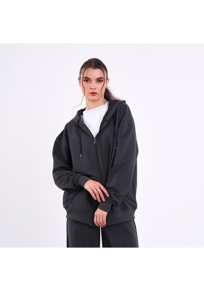 MMetalic Antrasit Kanguru Cepli Kapüşonlu Fermuarlı Oversize Kadın Sweatshirt Antrasit