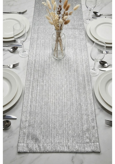 Lumen Serisi Simli Runner Gold / Silver , Premium Çeyizlik Lüks Şık Masa Örtüsü Runner 40x150 Cm Gümüş