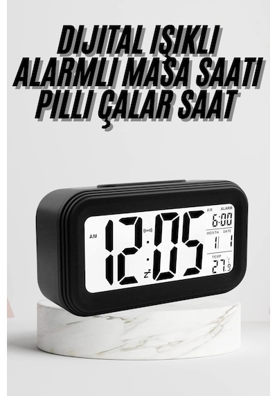 Dijital Masa Saati Termometre Takvim Led Ekran Pilli Ev Ofis Masası Antrasit Melanj