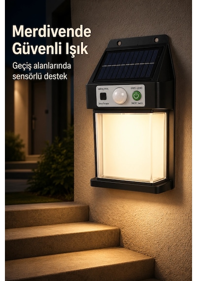 Güneş Enerjili Sensörlü Solar Aplik Dış Mekan Kapı Bahçe Balkon Garaj Duvar Işığı